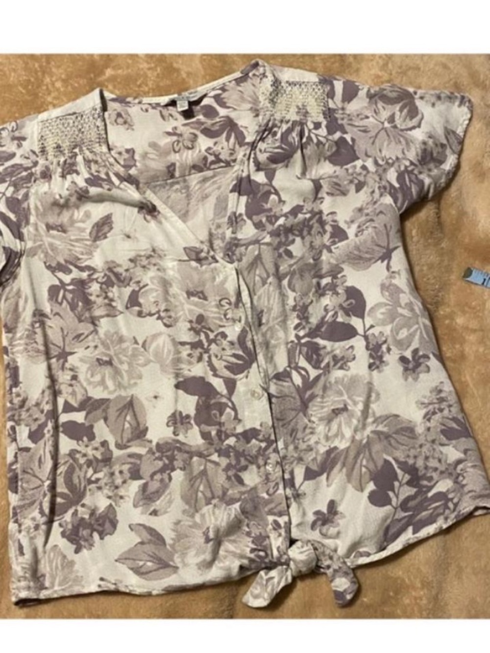 Lucky Brand Gray Floral Button-Front Tie Hem Blouse